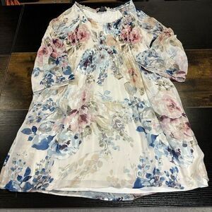 Womens Robert Louis Pastel Floral Boho 1XL Dress Smocked Long Sleeve Bell Sleeve